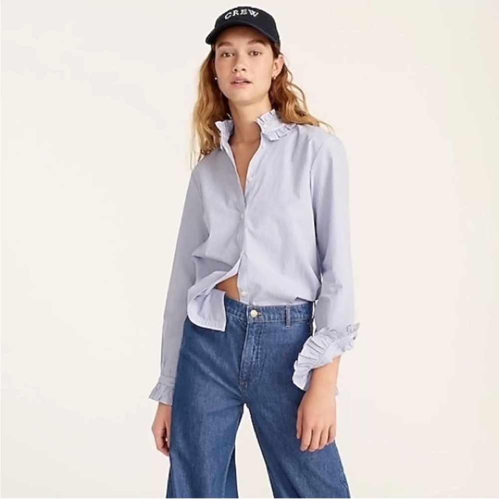 J. Crew Women's Blue and White Stripe Ruffle Button Down Shirt - Picture 2 of 9